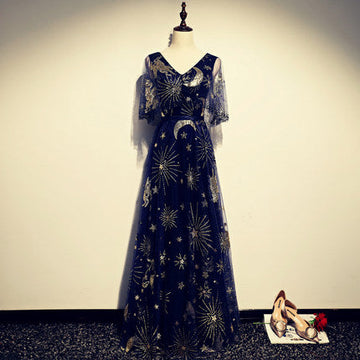 A line Navy Blue Tulle Prom Dresses HZ1023